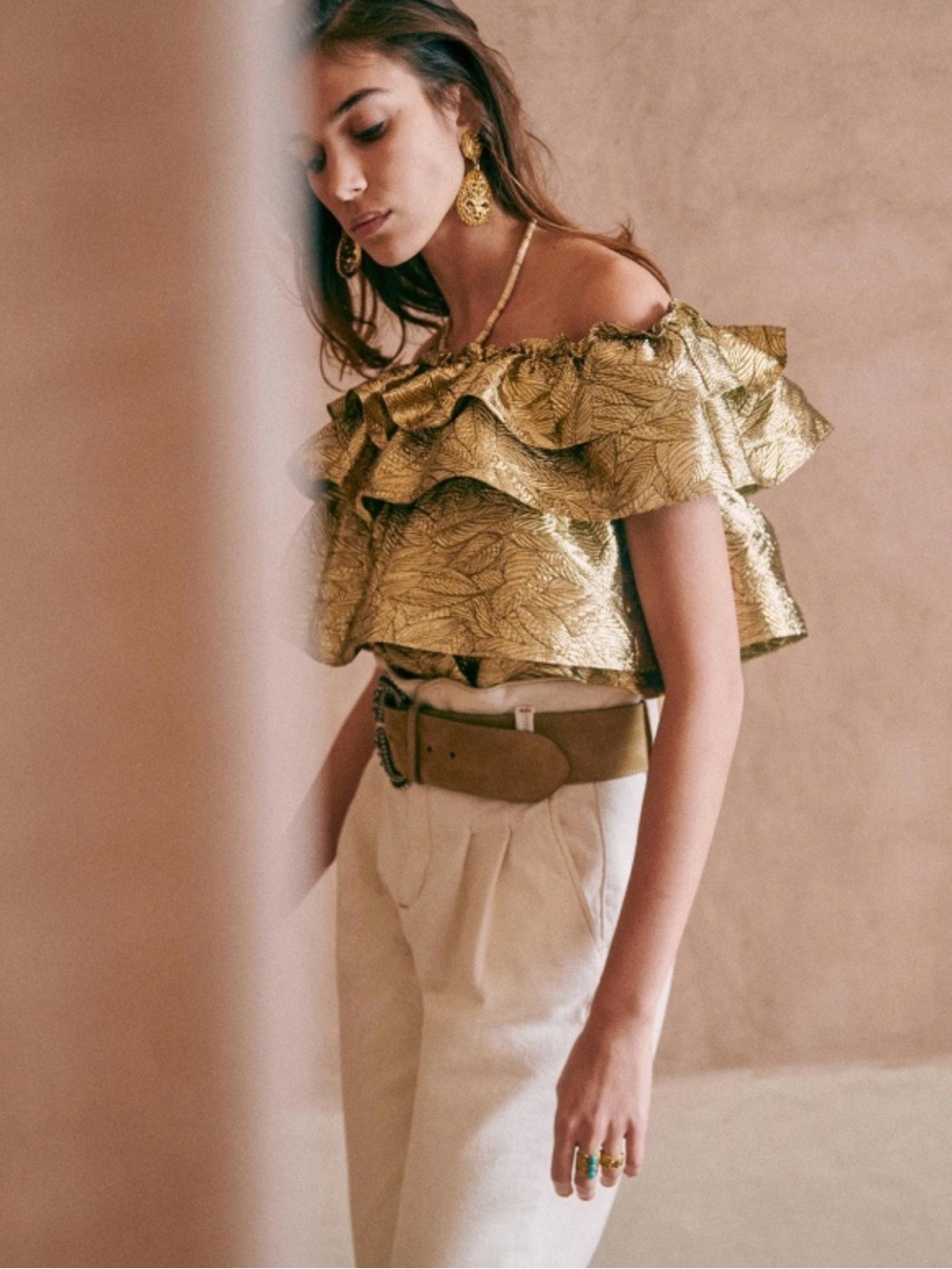 Sezane Tania Top Metallic Gold Brocade Tiered Ruffles Off the Shoulder